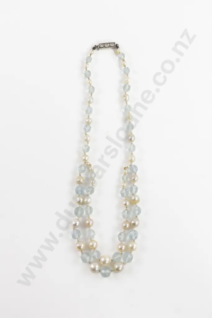 Vintage Slightly Graduating Aquamarine Bead and Cultured Pearl Necklace Image 1++