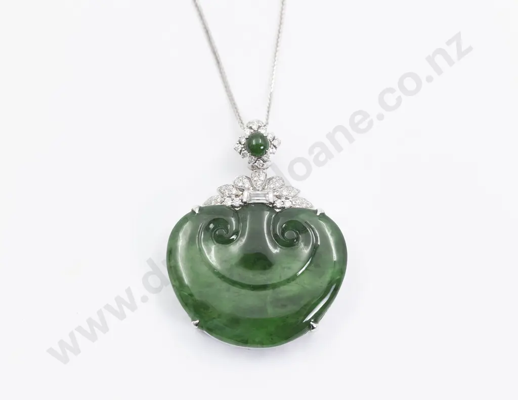 18ct White Gold and Diamond Mounted Jade Pendant Image 1++