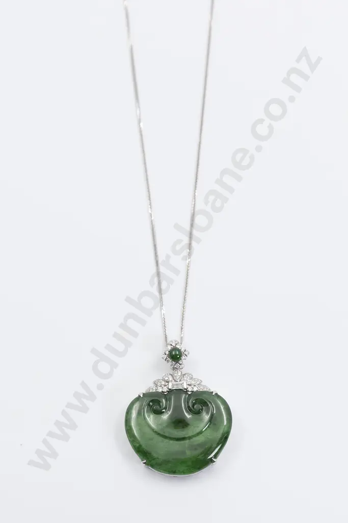 18ct White Gold and Diamond Mounted Jade Pendant Image 1++