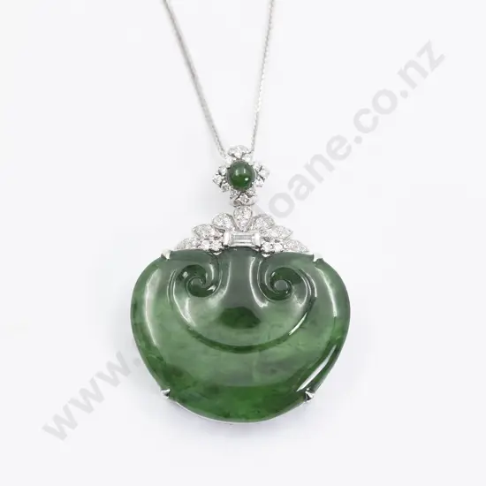 18ct White Gold and Diamond Mounted Jade Pendant