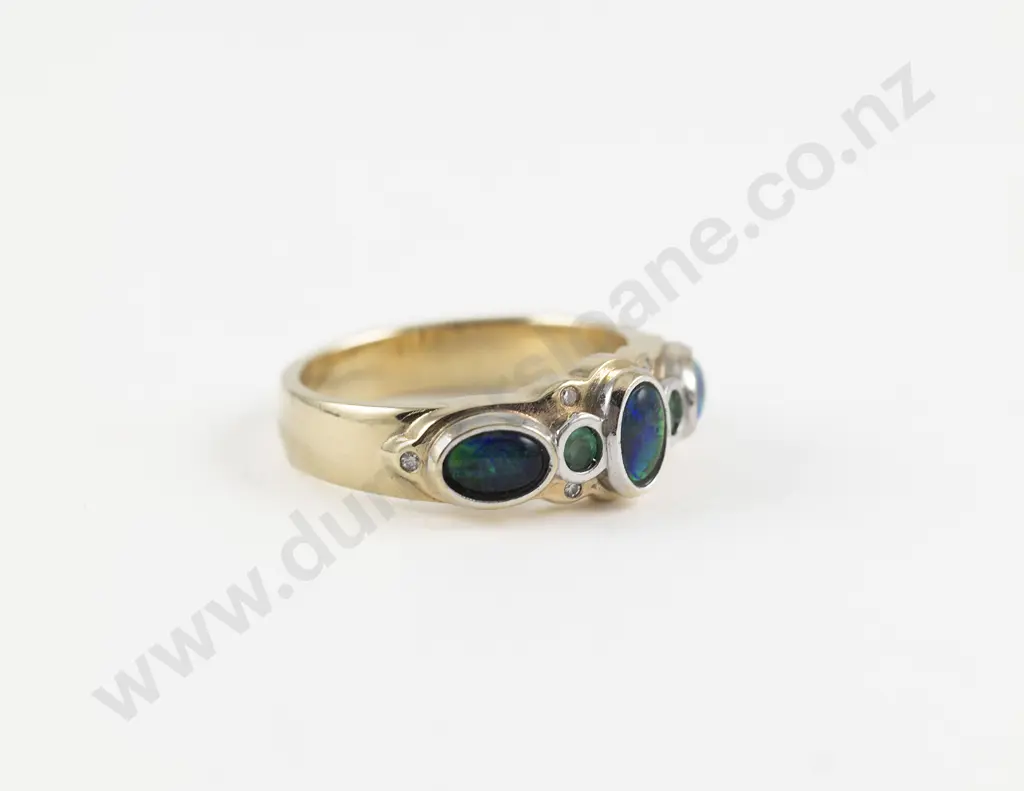 9ct Eleven Stone Emerald Opal and Diamond Bridge Ring Image 1++