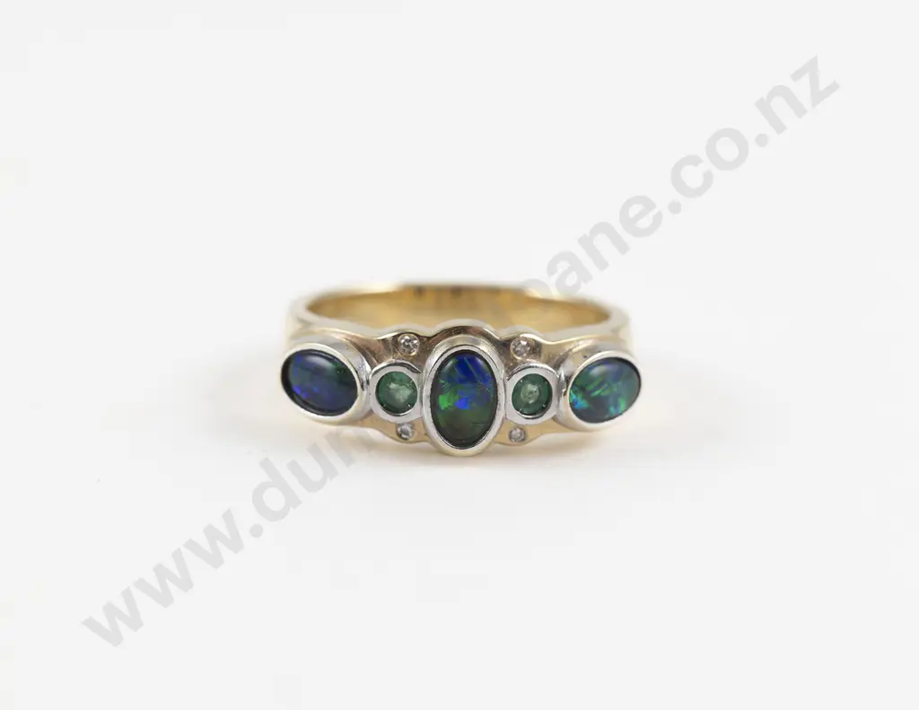 9ct Eleven Stone Emerald Opal and Diamond Bridge Ring Image 1++