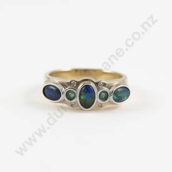 9ct Eleven Stone Emerald Opal and Diamond Bridge Ring