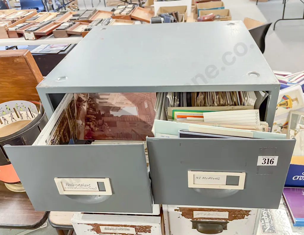 Collection NZ Postcard Folders Photographic Pocket Booklets & World Postcards in 2 drawer metal filing box Image 1++
