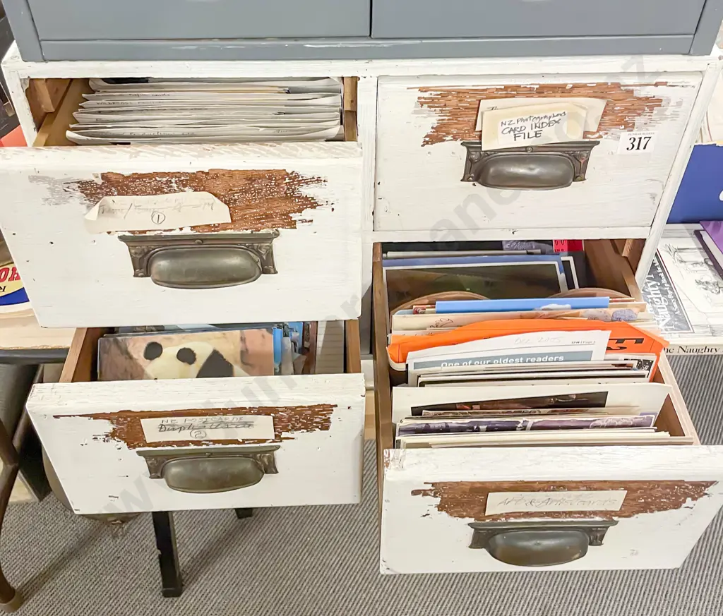 Colonial Oak Four Drawer Filing Box with Postcards Image 1++
