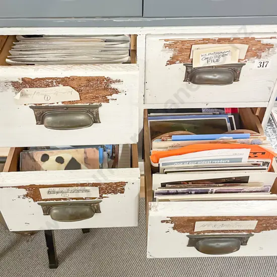 Colonial Oak Four Drawer Filing Box with Postcards