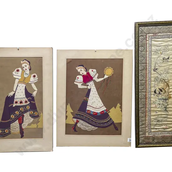 Two Applique Panels & Framed Embroidery (a/f)