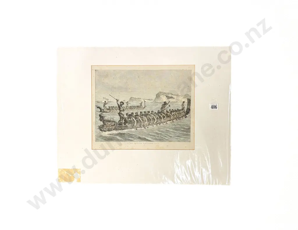 C19th Coloured Engraving - A New Zealand War Canoe Race Image 1++