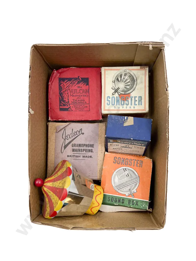 Two Original Boxed Gramophone Main Springs and other Components Image 1++