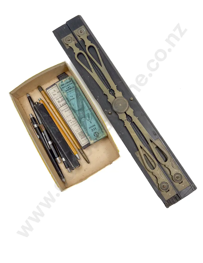 Victorian Ebony and Brass Rule with Vintage Pencils and Refills Image 1++