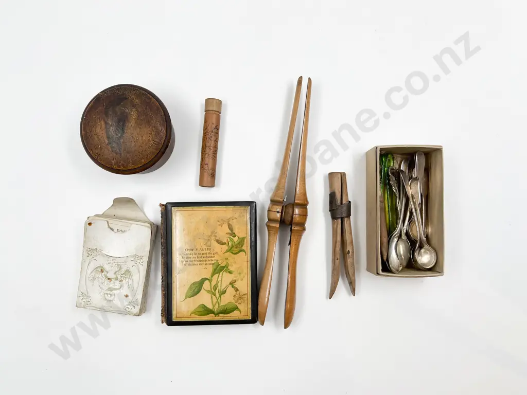 Treen Cotton Box Photograph Album Playing Cards and Silver Spoons etc Image 1++