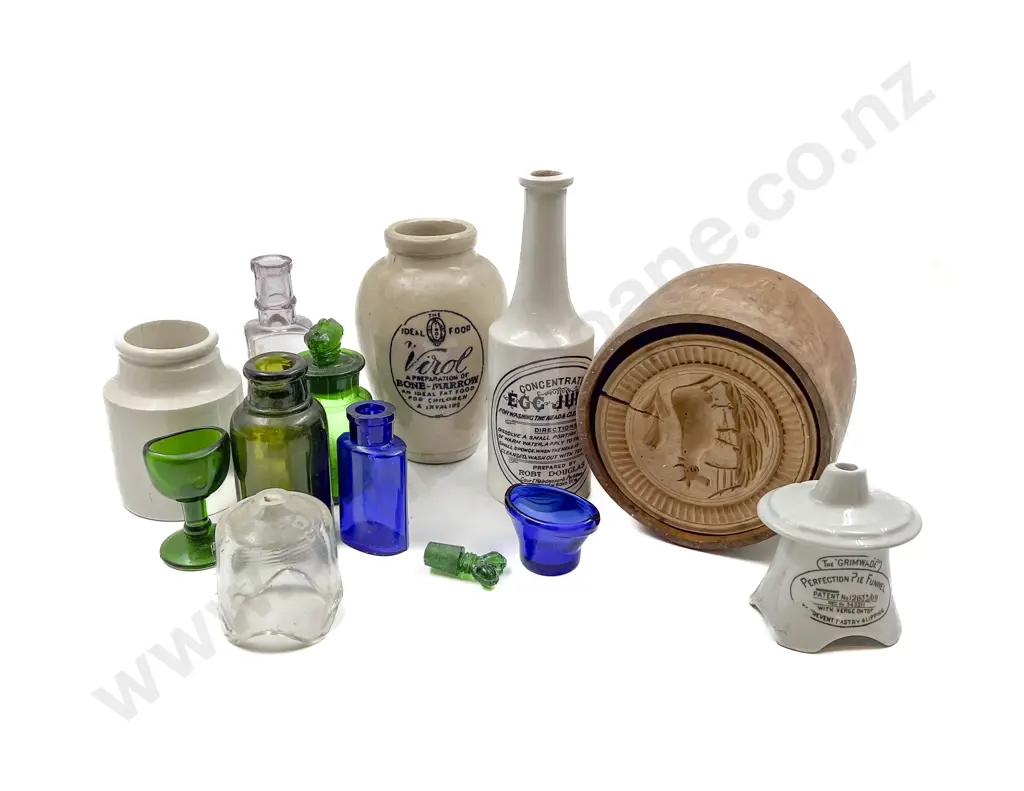 Various Colonial Stone and Glass Jars Eyeglasses and Shortbread Moulds Image 1++