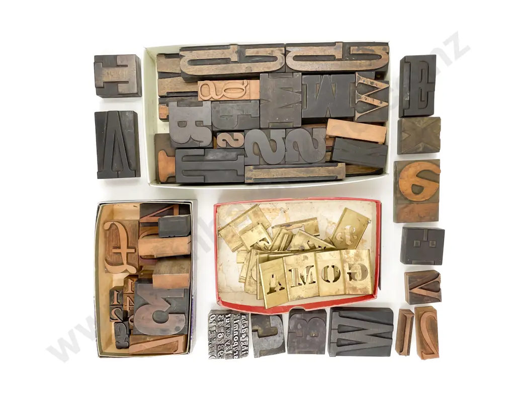 Collection Printers Wooden Letter Blocks and Brass Stencils Image 1++