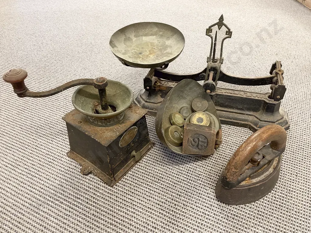 Victorian Cast Iron Benchtop Scales Coffee Bean Grinder and Flatiron Image 1++