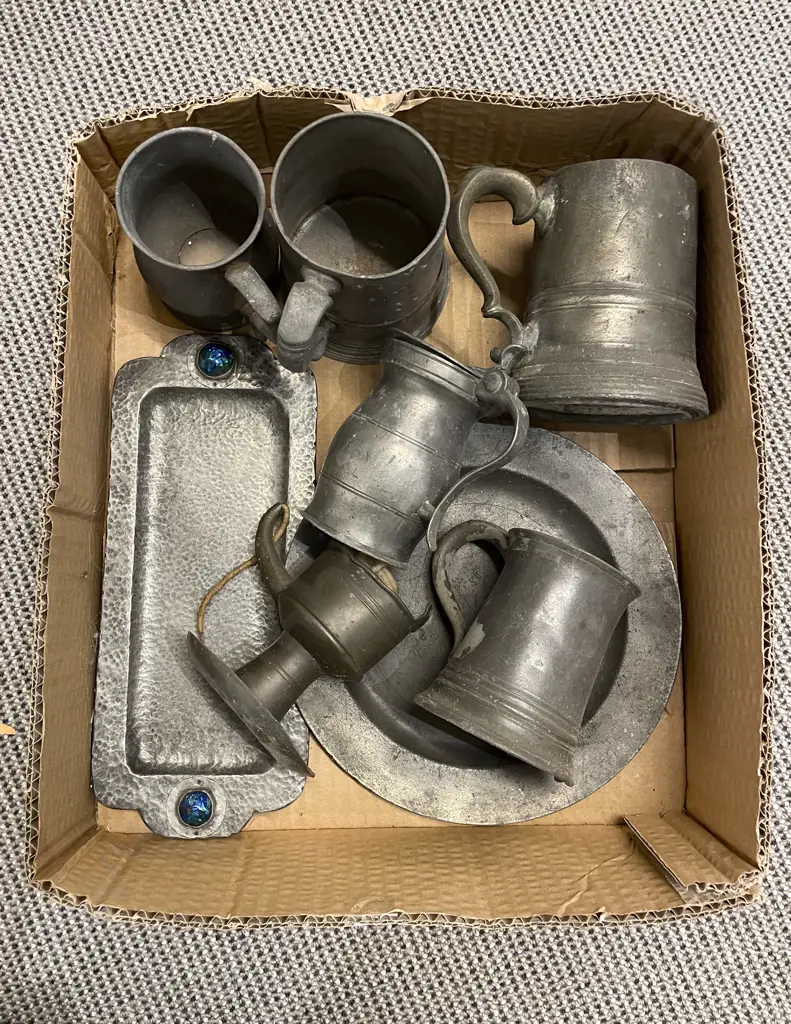 Collection of Pewter Tankards with Two Trays and Pewter Part Candle Jack Image 1++