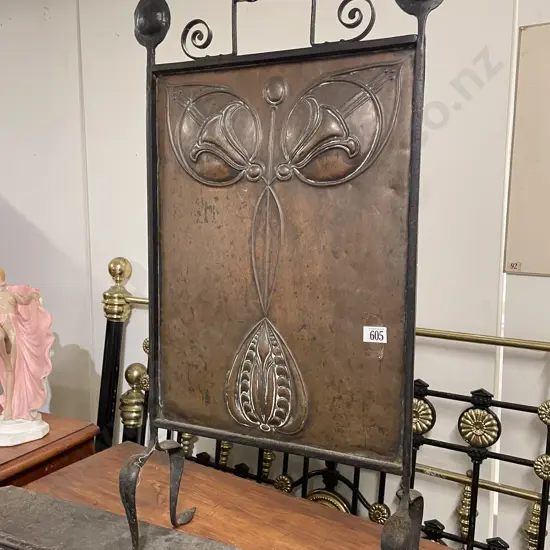 Art Nouveau Copper and Wrought Metal Gas Fire Screen