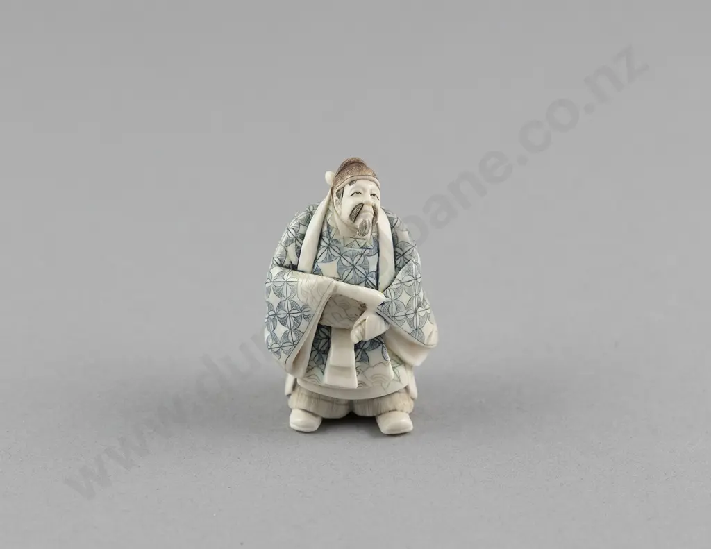 Signed and Stained Ivory Netsuke of a Standing Noble Image 1++