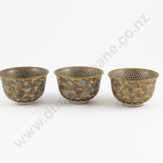 Three Fine Meiji Period Satsuma Tea Bowls By Yabu Meizan