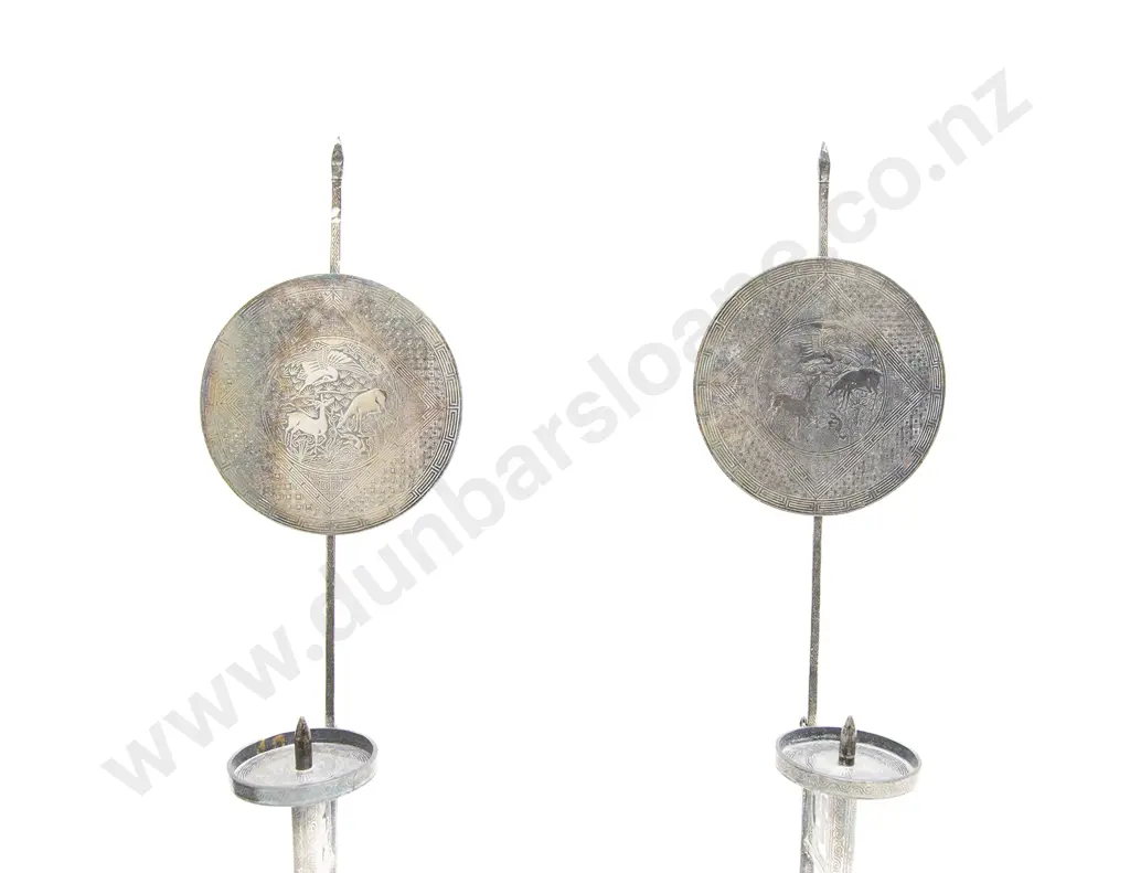 A Decorative Pair of Korean Joseon Iron and Silver Wire Inlaid Candlesticks Image 1++