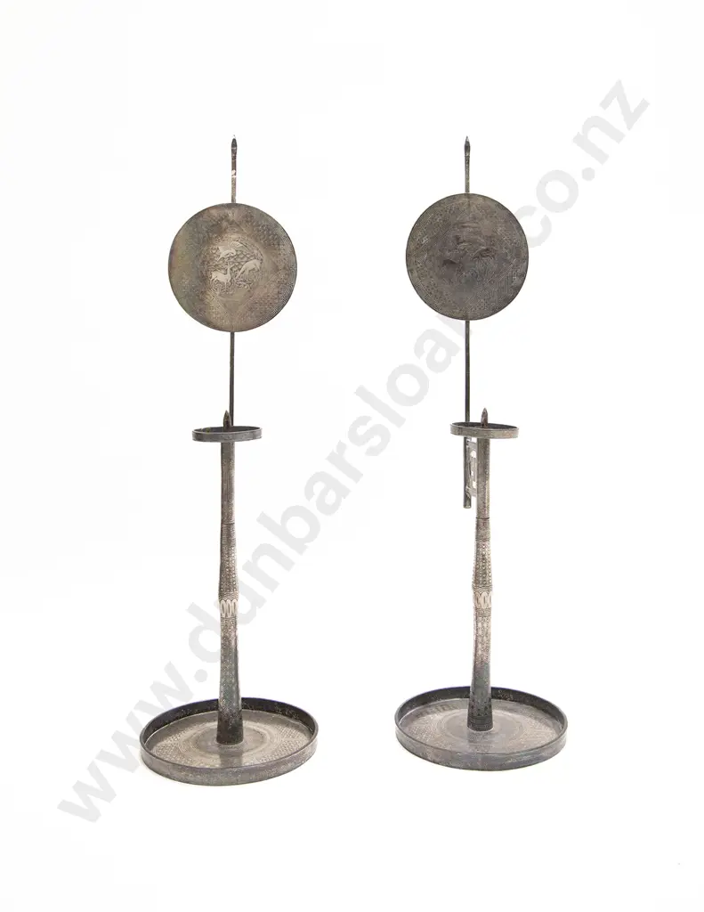 A Decorative Pair of Korean Joseon Iron and Silver Wire Inlaid Candlesticks Image 1++
