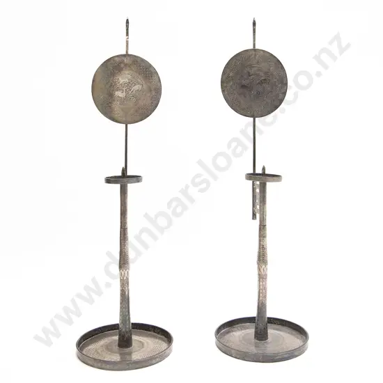 A Decorative Pair of Korean Joseon Iron and Silver Wire Inlaid Candlesticks