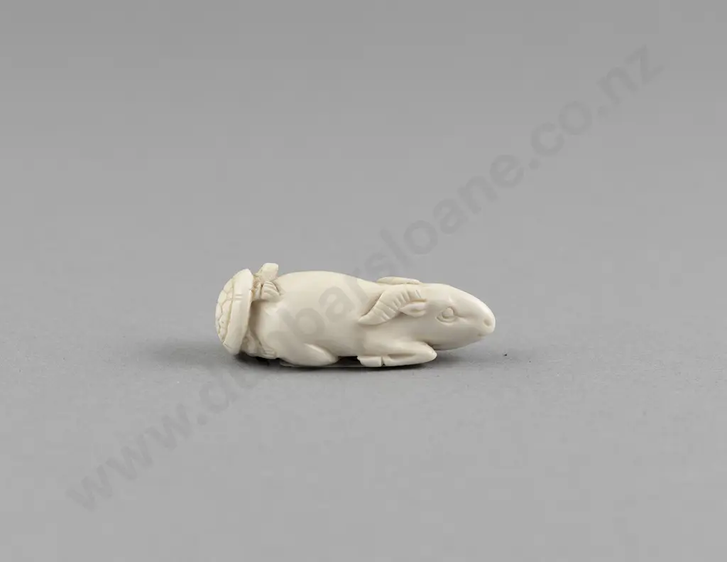 Signed Ivory Netsuke of a Reclining Goat with Turtle on its Back Image 1++