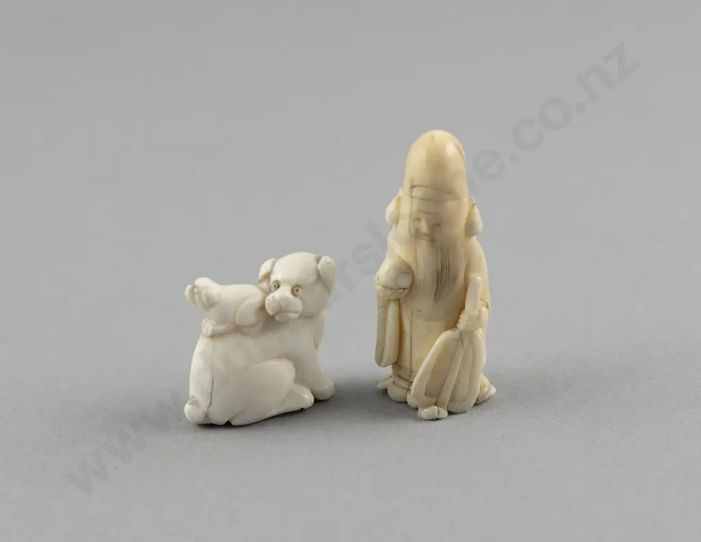 Signed Ivory Netsuke of an Immortal and of Dog and Puppy Image 1++
