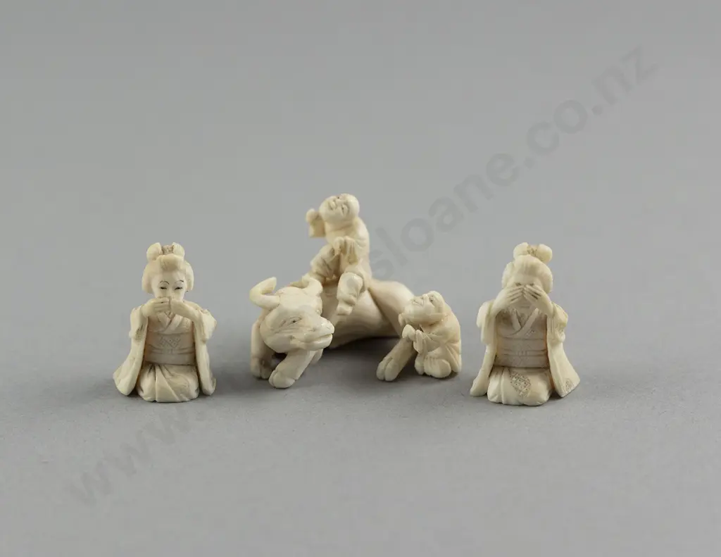 Ivory Okimono of a Buffalo with Children on its Back Image 1++