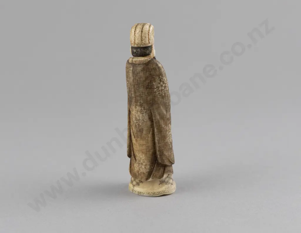 Carved and Stained Ivory Standing Noble Holding Fan Image 1++
