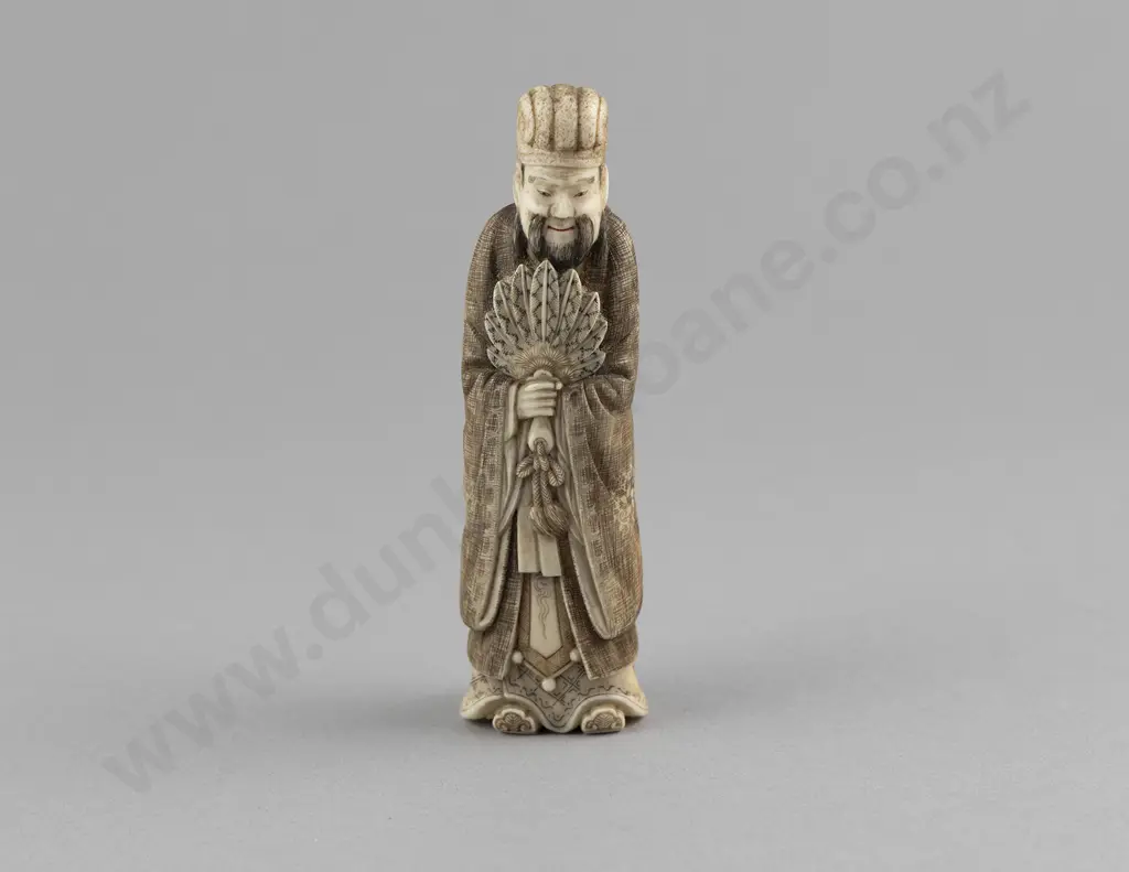 Carved and Stained Ivory Standing Noble Holding Fan Image 1++
