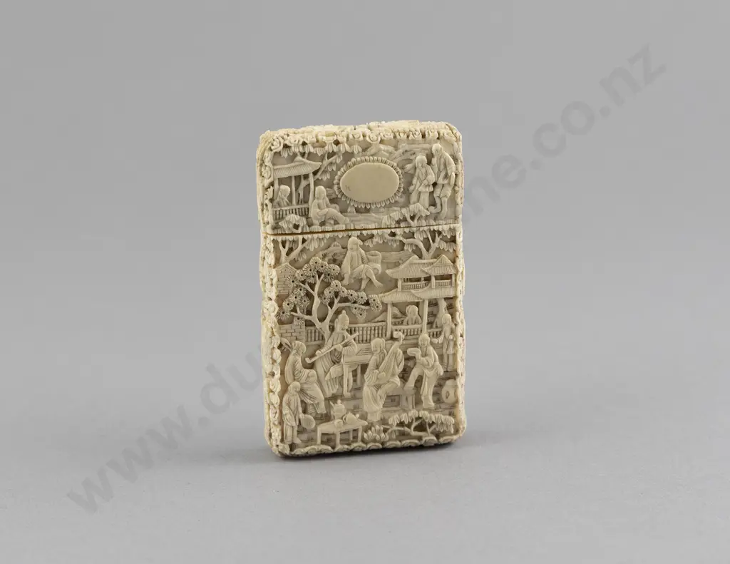 Finely Carved Ivory Village Scene Calling Card Case Image 1++