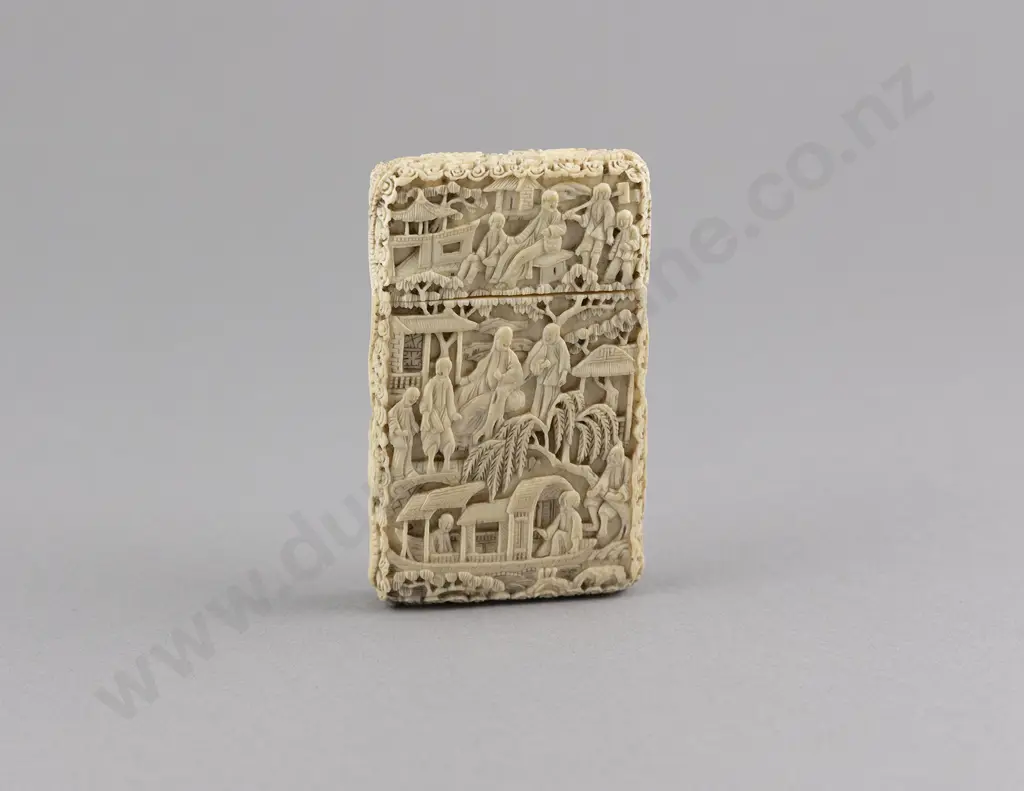 Finely Carved Ivory Village Scene Calling Card Case Image 1++