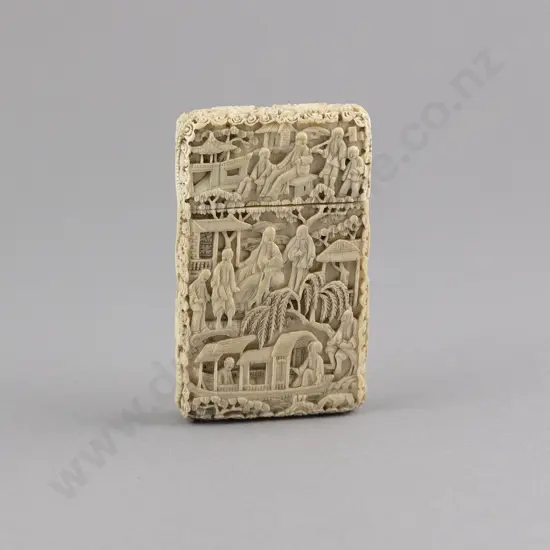 Finely Carved Ivory Village Scene Calling Card Case