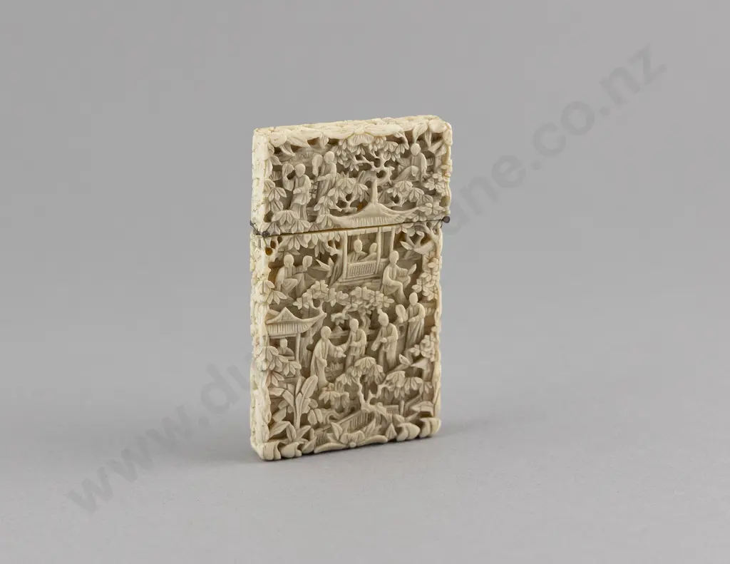 Finely Carved Ivory Village Scene Calling Card Case Image 1++