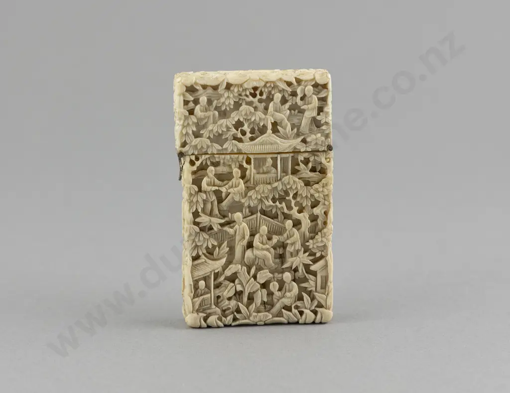 Finely Carved Ivory Village Scene Calling Card Case Image 1++