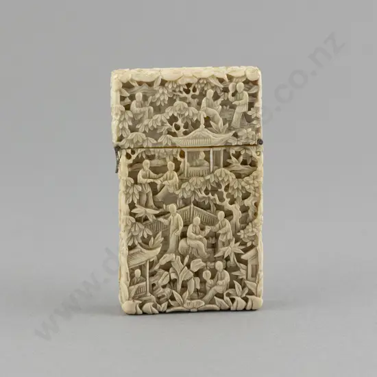 Finely Carved Ivory Village Scene Calling Card Case