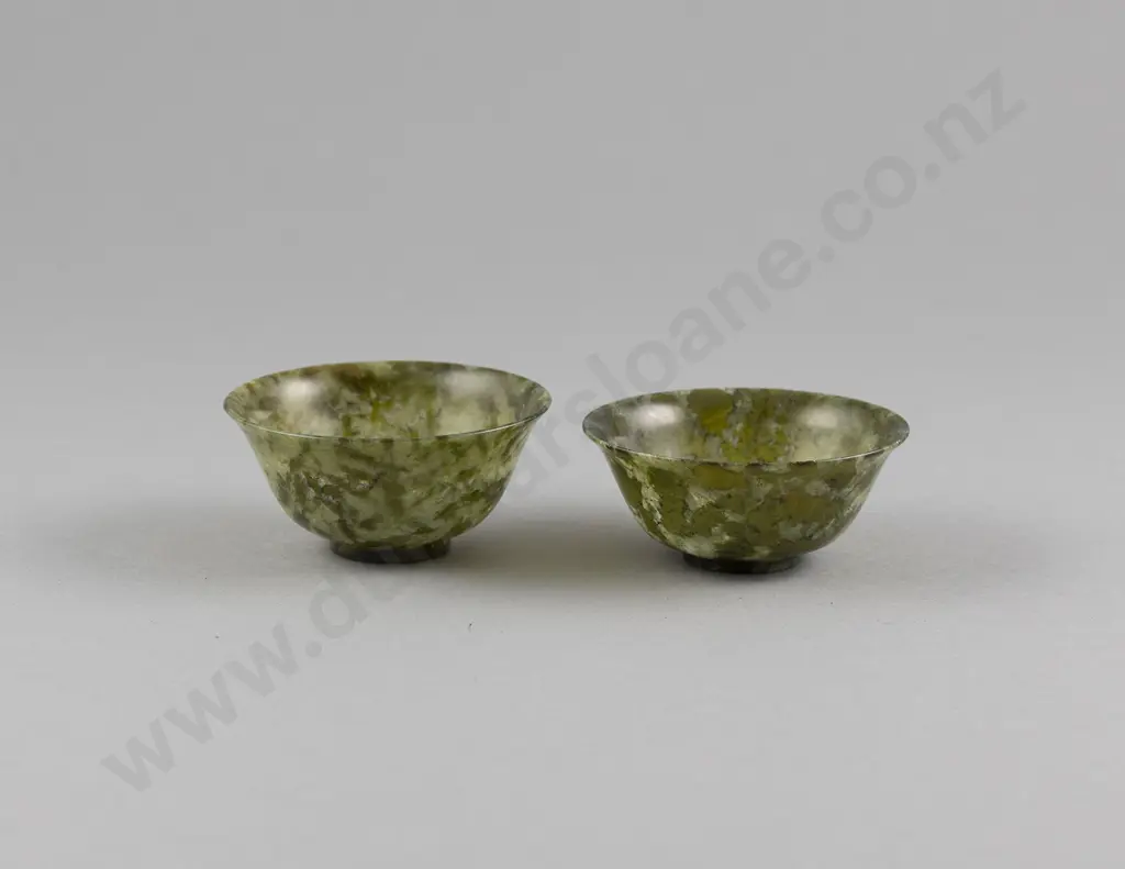 Pair Chinese Spinach Jade Small Cups Image 1++