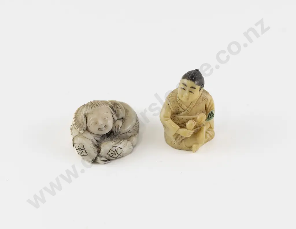 Two Composition Netsuke of Child Resting on a Drum Image 1++