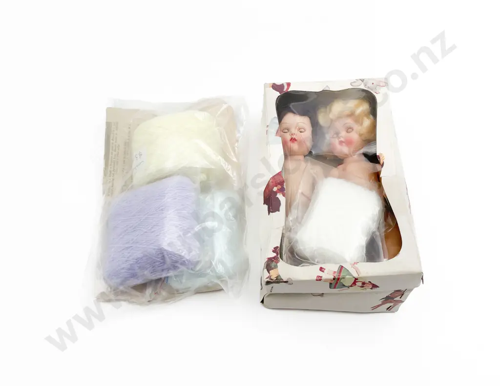Pair As New Rosebud Hard Plastic Dolls with C1954 Knitting Pattern and Wools Image 1++