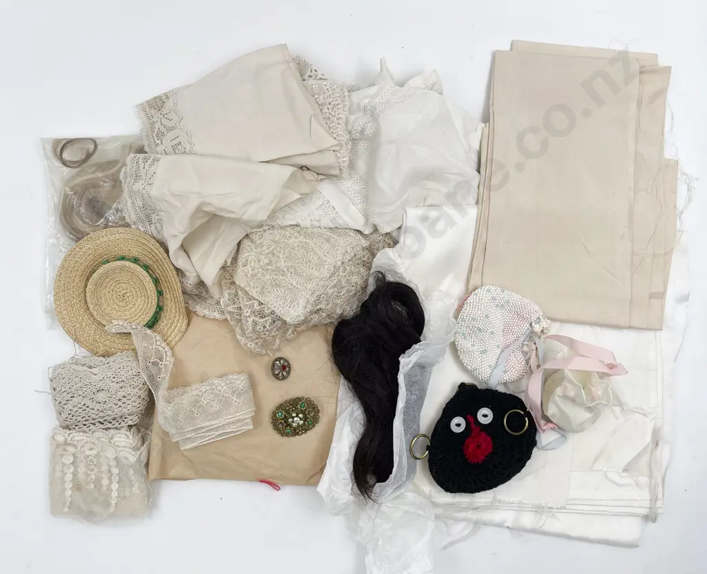 Small Qty Antique Lace Material Doll Hair and Various Image 1++