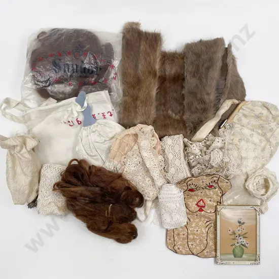 Small Qty Antique Lace Material Doll Hair and Various