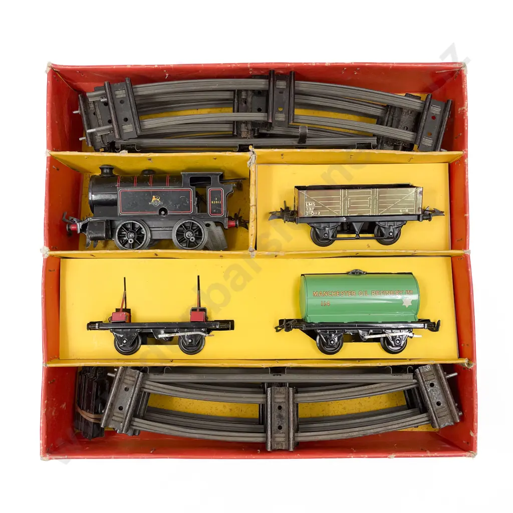 Hornby O Gauge Clockwork Boxed Tank Locomotive and Three Rolling Stock Image 1++