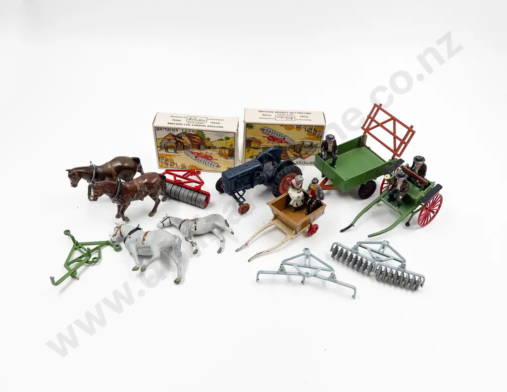 Collection Britains Farm Carts with Trailer Tractor Disc Harrows and some figures Image 1++