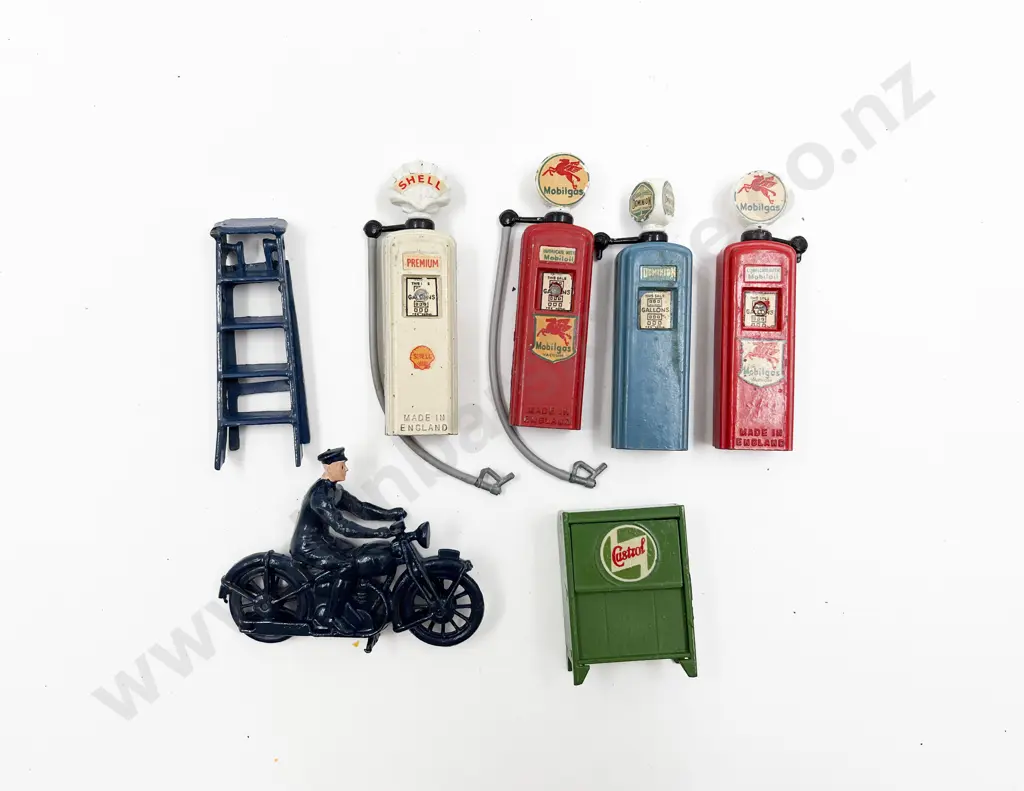 Britains Four Petrol Pumps with Oil Stand Ladder and Motorbike with rider Image 1++