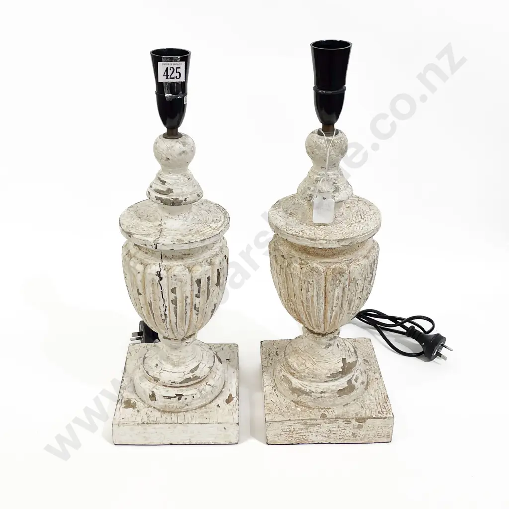 Pair Distress Painted Wooden Column Lamp Bases Image 1++