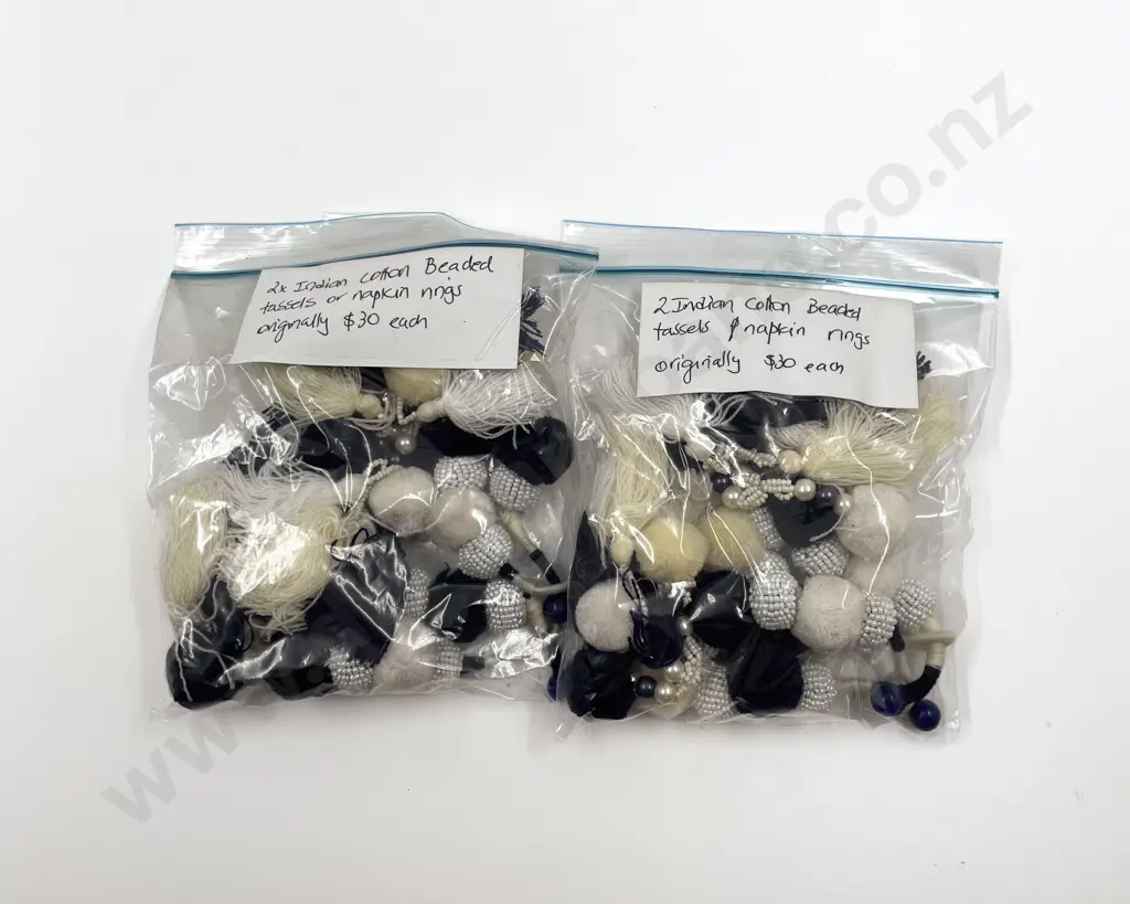 Four Indian Cotton and Beaded Tassels & Napkin Rings Image 1++