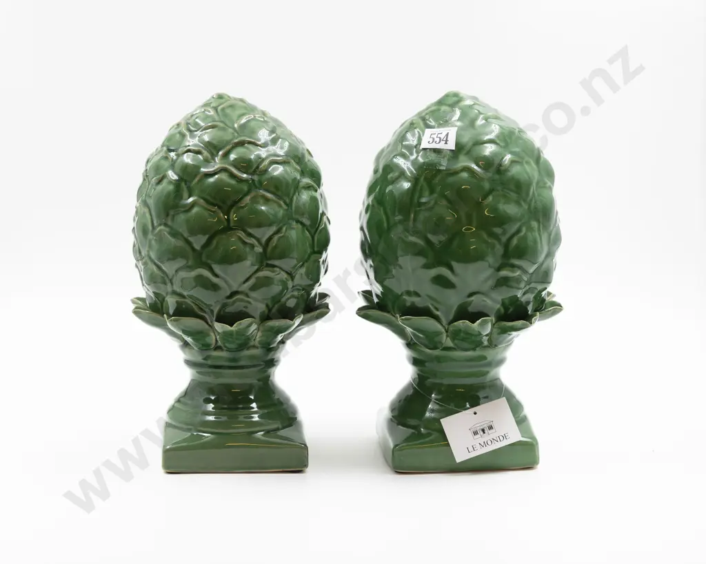 Pair Glazed Green Ornament Artichokes Image 1++
