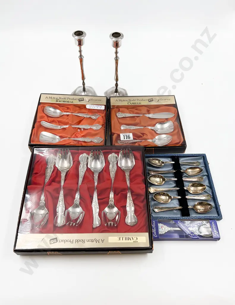 Small Quantity of Assorted Boxed Cutlery with Pair of Small Candlesticks Image 1++