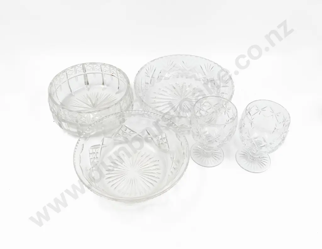 Small Quantity of Assorted Crystal and Glass Bowls Together with Pair of Webb & Corbett Goblets Image 1++
