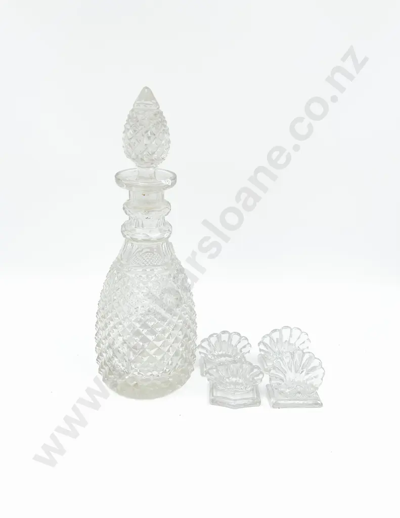 Pressed Glass Decanter Together with Four Shell Form Placeholders Image 1++